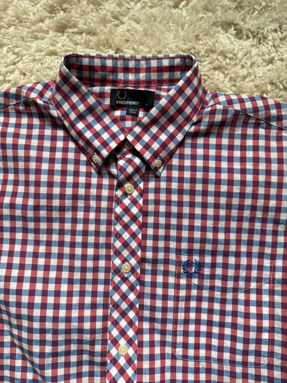 Fred Perry Men's Herringbone Blue/Red/White Gingham Button-Down Shirt. Sz Med